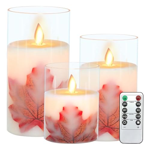 Justup LED-Kerzen, Set von 3 Flackernde Glas LED Kerzen mit Fernbedienung und Timer, Dimmbare LED Säulen Kerzen Batteriebetrieben, Säulen Kerzen Dekor für Weihnachten Hochzeit Zuhause (Ahornblätter) Justup LED-Kerzen, Set von 3 Flackernde Glas LED Kerzen mit Fernbedienung und Timer, Dimmbare LED Säulen Kerzen Batteriebetrieben, Säulen Kerzen Dekor für Weihnachten Hochzeit Zuhause (Ahornblätter) von Justup