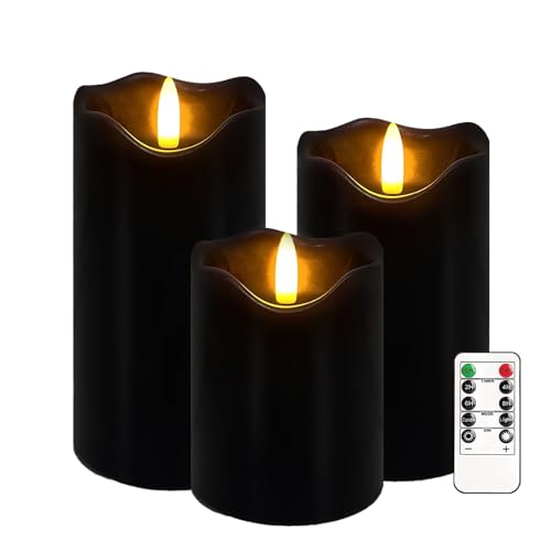Justup LED-Kerzen, Set von 3 Flackernde Kerzen mit Fernbedienung und Timer, Dimmbare LED Säulen Kerzenlicht Batteriebetrieben, Elektrische Kerzen für Home Halloween Dekor (Schwarz) von Justup