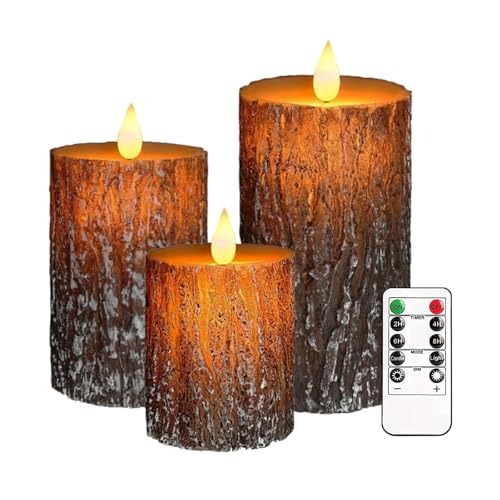 Justup LED-Kerzen, Set von 3 Flackernde Kerzen mit Fernbedienung und Timer, Dimmbare LED Säulen Kerzenlicht Batteriebetrieben, Elektrische Kerzen für Weihnachten Winter Heimdekor (Rinde) von Justup