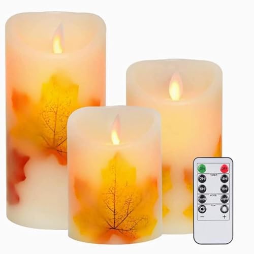 Justup LED-Kerzen, Set von 3 Flackernde Kerzen mit Fernbedienung und Timer, dimmbare LED Säulen Kerzen batteriebetrieben, elektrische Kerzen für Herbst Halloween Thanksgiving Dekor (Ahornblatt) von Justup