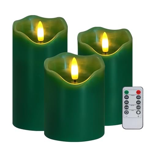 Justup LED-Kerzen, Set von 3 Flackernde Kerzen mit Fernbedienung und Timer, dimmbare LED Säulen Kerzen batteriebetrieben, elektrische Kerzen für Herbst Halloween Thanksgiving Dekor (Grün) von Justup