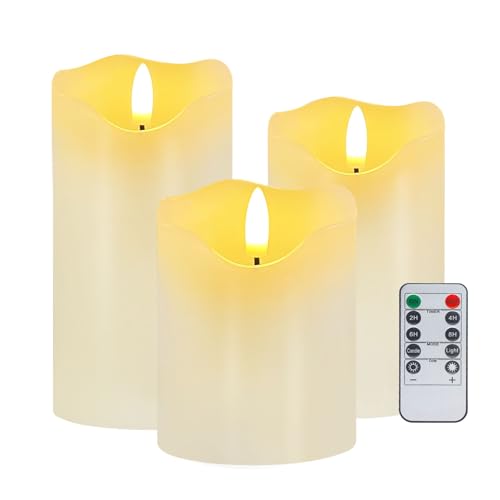 Justup LED-Kerzen, Set von 3 Flackernde Kerzen mit Fernbedienung und Timer, dimmbare LED Säulen Kerzenlicht batteriebetrieben, elektrische Kerzen für Herbst Halloween Thanksgiving Dekor (Weiß) von Justup