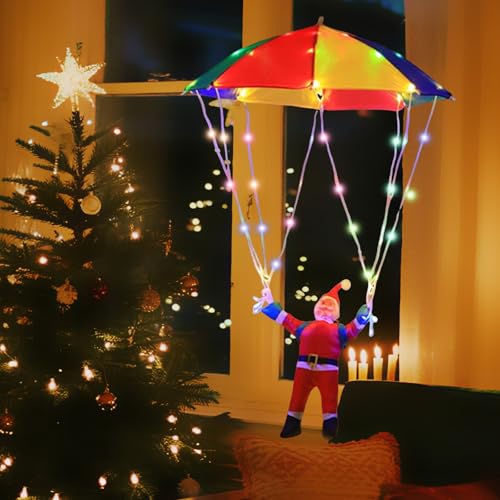 Justup Weihnachtsmann Fallschirm Lichterkette, 85cm 64 LEDs Wasserdicht Weihnachts Lichterkette Batterie mit 8 Modi, Dimmable, für Innen Außen Garten Weihnachtsbaum Fenster (Bunt) von Justup
