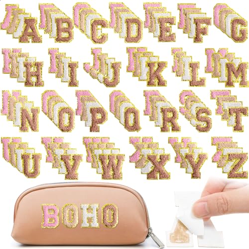 Jutom Selbstklebende Chenille-Buchstaben-Aufnäher, bestickt, für Kleidung, Jacken, Rucksäcke, Hüte, 104 Stück (Boho, Braun) von Jutom
