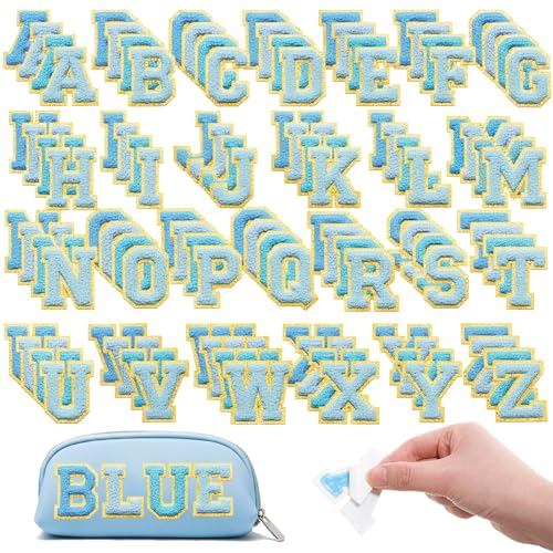 Jutom Selbstklebende Chenille-Buchstaben-Aufnäher, bestickt, für Kleidung, Jacken, Rucksäcke, Hüte, 104 Stück (stilvoll, blau) von Jutom