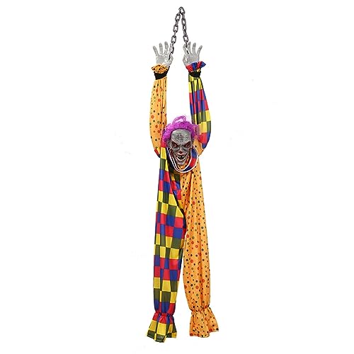 Juwaacoo Hängender Clown, Hängender Clown Aus Kunststoff, 1,6 M, Animierter Sprechender und Schüttelnder Gruseliger Clown mit Kette, Berührungsaktiviert für Halloween-Dekoration von Juwaacoo