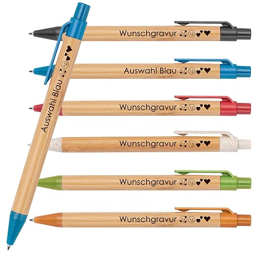 100x Kugelschreiber aus Bambus mit Wunschgravur | Nachhaltig | Emojis möglich | Blauschreibend | farbige Applikationen aus Weizenstroh | Werbekugelschreiber (Blau) von Juwelier Schönschmied