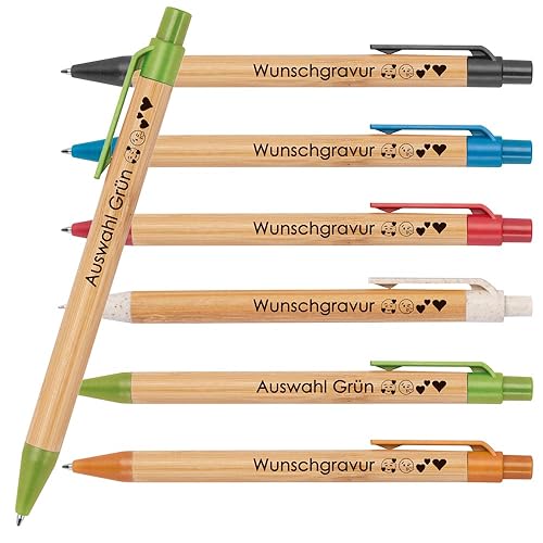 100x Kugelschreiber aus Bambus mit Wunschgravur | Nachhaltig | Emojis möglich | Blauschreibend | farbige Applikationen aus Weizenstroh | Werbekugelschreiber (Grün) von Juwelier Schönschmied