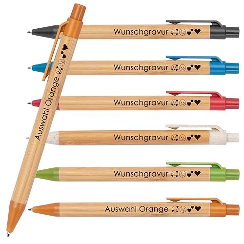 100x Kugelschreiber aus Bambus mit Wunschgravur | Nachhaltig | Emojis möglich | Blauschreibend | farbige Applikationen aus Weizenstroh | Werbekugelschreiber (Orange) von Juwelier Schönschmied