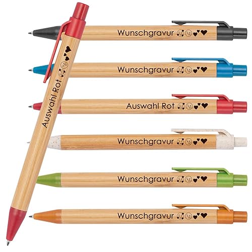 100x Kugelschreiber aus Bambus mit Wunschgravur | Nachhaltig | Emojis möglich | Blauschreibend | farbige Applikationen aus Weizenstroh | Werbekugelschreiber (Rot) von Juwelier Schönschmied