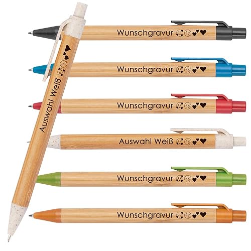 100x Kugelschreiber aus Bambus mit Wunschgravur | Nachhaltig | Emojis möglich | Blauschreibend | farbige Applikationen aus Weizenstroh | Werbekugelschreiber (Weiß) von Juwelier Schönschmied