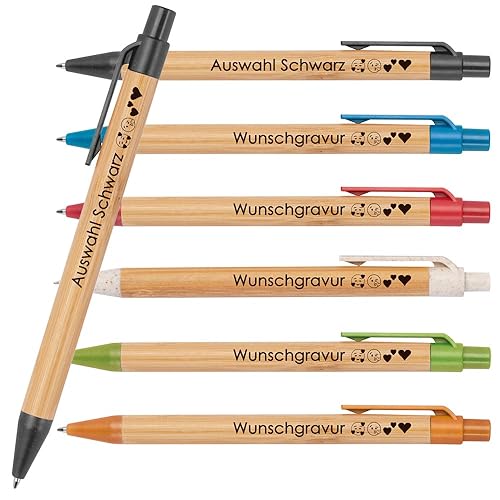 25x Kugelschreiber aus Bambus mit Wunschgravur | Nachhaltig | Emojis möglich | Blauschreibend | farbige Applikationen aus Weizenstroh | Werbekugelschreiber (Schwarz) von Juwelier Schönschmied