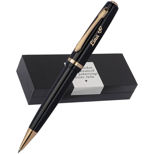 Eleganter Metall Kugelschreiber mit Gravur als Geschenk & Symbol mit Geschenkverpackung – Goldene Details & blaue Mine – mit Jetzt anpassen direkt online gestalten! von Juwelier Schönschmied