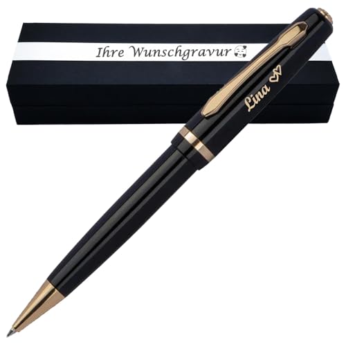 Eleganter Metall Kugelschreiber mit Gravur als Geschenk & Symbol mit Geschenkverpackung – Goldene Details & blaue Mine – mit Jetzt anpassen direkt online gestalten! von Juwelier Schönschmied