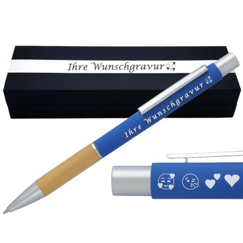 Juwelier Schönschmied Kugelschreiber mit Gravur | Bambusgriffzone | Blau schreibend | Kugelschreiber personalisiert | Wunschgravur mit Symbolen möglich | mit Geschenkverpackung | 5 Farben (Blau) von Juwelier Schönschmied