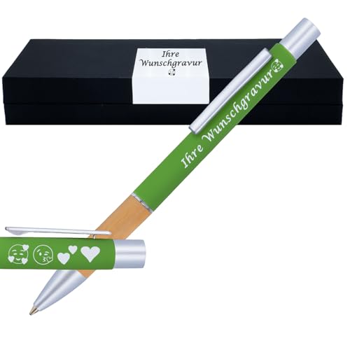 Juwelier Schönschmied Kugelschreiber mit Gravur | Bambusgriffzone | Blau schreibend | Kugelschreiber personalisiert | Wunschgravur mit Symbolen möglich | mit Geschenkverpackung | 5 Farben (Grün) von Juwelier Schönschmied