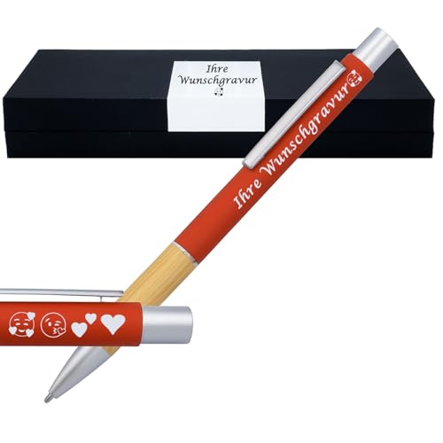 Juwelier Schönschmied Kugelschreiber mit Gravur | Bambusgriffzone | Blau schreibend | Kugelschreiber personalisiert | Wunschgravur mit Symbolen möglich | mit Geschenkverpackung | 5 Farben (Orange) von Juwelier Schönschmied