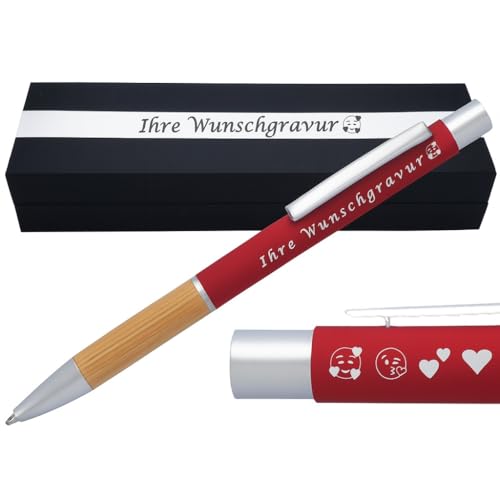 Juwelier Schönschmied Kugelschreiber mit Gravur | Bambusgriffzone | Blau schreibend | Kugelschreiber personalisiert | Wunschgravur mit Symbolen möglich | mit Geschenkverpackung | 5 Farben (Rot) von Juwelier Schönschmied