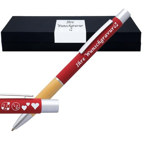 Juwelier Schönschmied Kugelschreiber mit Gravur | Bambusgriffzone | Blau schreibend | Kugelschreiber personalisiert | Wunschgravur mit Symbolen möglich | mit Geschenkverpackung | 5 Farben (Rot) von Juwelier Schönschmied
