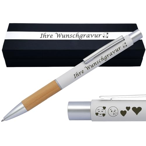 Juwelier Schönschmied Kugelschreiber mit Gravur | Bambusgriffzone | Blau schreibend | Kugelschreiber personalisiert | Wunschgravur mit Symbolen möglich | mit Geschenkverpackung | 5 Farben (Weiß) von Juwelier Schönschmied