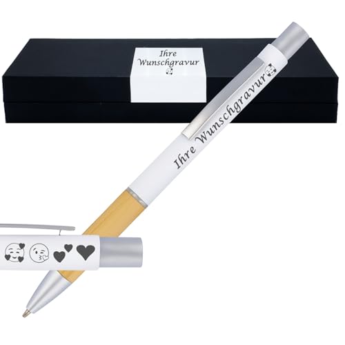Juwelier Schönschmied Kugelschreiber mit Gravur | Bambusgriffzone | Blau schreibend | Kugelschreiber personalisiert | Wunschgravur mit Symbolen möglich | mit Geschenkverpackung | 5 Farben (Weiß) von Juwelier Schönschmied