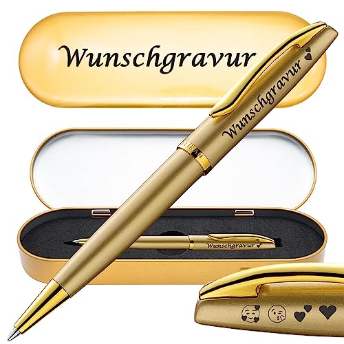 Juwelier Schönschmied PeIikan Kugelschreiber mit Gravur | inkl. Etui gold mit Wunschgravur (Platz für 10 Stifte) | Emoji Gravur | Jazz Noble Elegance Gold von Juwelier Schönschmied