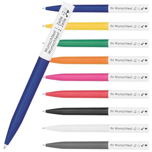 Kugelschreiber mit Clip-Lasergravur | 2 Zeilen Gravur auf Clip möglich | Kunststoff-Schaft | Farbmix | Blau schreibende Mine | Individuelles & langlebiges Werbemittel | 9 Farben (Blau, 100) von Juwelier Schönschmied