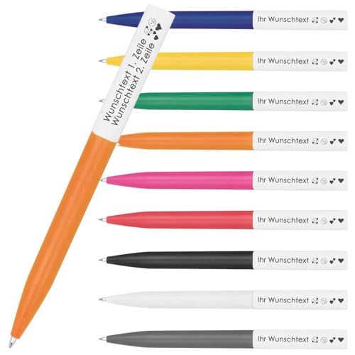 Kugelschreiber mit Clip-Lasergravur | 2 Zeilen Gravur auf Clip möglich | Kunststoff-Schaft | Farbmix | Blau schreibende Mine | Individuelles & langlebiges Werbemittel | 9 Farben (Orange, 50) von Juwelier Schönschmied