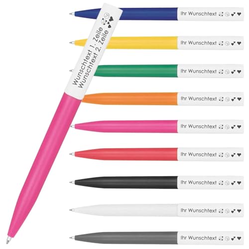 Kugelschreiber mit Clip-Lasergravur | 2 Zeilen Gravur auf Clip möglich | Kunststoff-Schaft | Farbmix | Blau schreibende Mine | Individuelles & langlebiges Werbemittel | 9 Farben (Pink, 50) von Juwelier Schönschmied