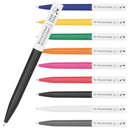 Kugelschreiber mit Clip-Lasergravur | 2 Zeilen Gravur auf Clip möglich | Kunststoff-Schaft | Farbmix | Blau schreibende Mine | Individuelles & langlebiges Werbemittel | 9 Farben (Schwarz, 100) von Juwelier Schönschmied