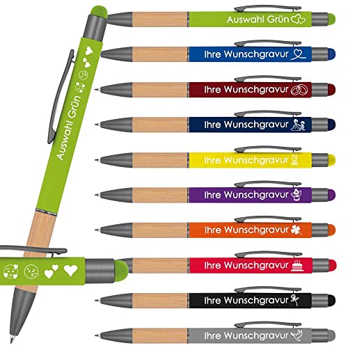 Kugelschreiber mit Gravur mit Bambusgriffzone | blau schreibend | Touchfunktion | Wunschgravur mit Emojis möglich | Werbekugelschreiber personalisiert (Apfelgrün, 10 Stück) von Juwelier Schönschmied