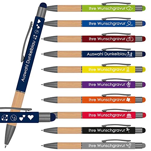 Kugelschreiber mit Gravur mit Bambusgriffzone | blau schreibend | Touchfunktion | Wunschgravur mit Emojis möglich | Werbekugelschreiber personalisiert (Dunkelblau, 10 Stück) von Juwelier Schönschmied