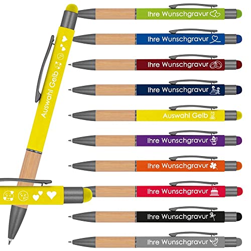 Kugelschreiber mit Gravur mit Bambusgriffzone | blau schreibend | Touchfunktion | Wunschgravur mit Emojis möglich | Werbekugelschreiber personalisiert (Gelb, 10 Stück) von Juwelier Schönschmied
