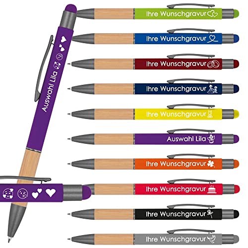 Kugelschreiber mit Gravur mit Bambusgriffzone | blau schreibend | Touchfunktion | Wunschgravur mit Emojis möglich | Werbekugelschreiber personalisiert (Lila, 10 Stück) von Juwelier Schönschmied