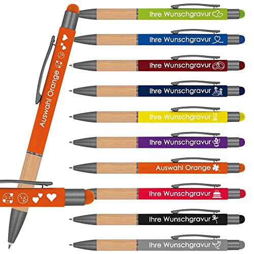 Kugelschreiber mit Gravur mit Bambusgriffzone | blau schreibend | Touchfunktion | Wunschgravur mit Emojis möglich | Werbekugelschreiber personalisiert (Orange, 10 Stück) von Juwelier Schönschmied