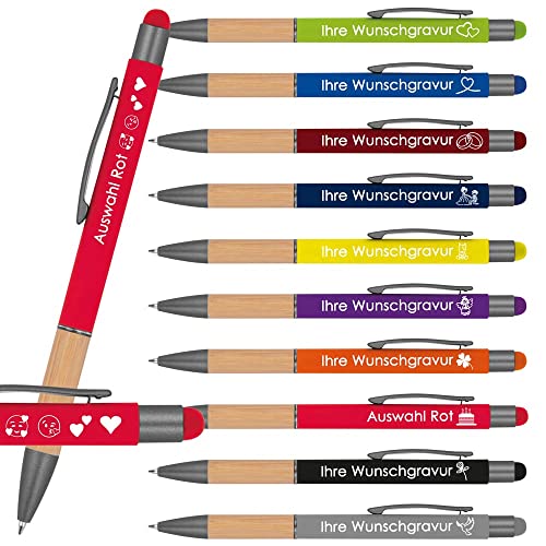 Kugelschreiber mit Gravur mit Bambusgriffzone | blau schreibend | Touchfunktion | Wunschgravur mit Emojis möglich | Werbekugelschreiber personalisiert (Rot, 10 Stück) von Juwelier Schönschmied