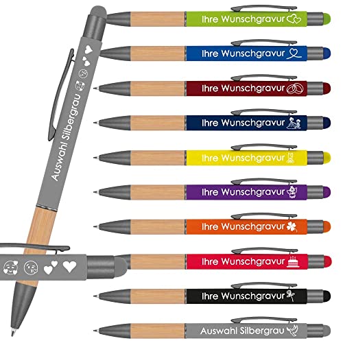 Kugelschreiber mit Gravur mit Bambusgriffzone | blau schreibend | Touchfunktion | Wunschgravur mit Emojis möglich | Werbekugelschreiber personalisiert (Silbergrau, 100 Stück) von Juwelier Schönschmied