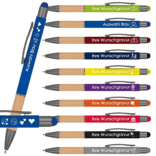 Kugelschreiber mit Gravur mit Bambusgriffzone | blau schreibended | Touchfunktion | Wunschgravur mit Emojis möglich | Werbekugelschreiber personalisiert (Blau, 100 Stück) von Juwelier Schönschmied