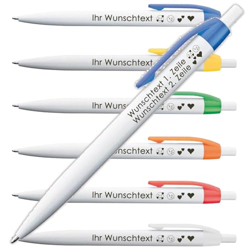 Kugelschreiber mit Lasergravur | Weißer Schaft & Farbig glänzender Clip | Blau schreibende Großraummine | Zweizeilige Gravur | Modernes Design | Trendiges Werbegeschenk | 6 Farben (Blau, 25) von Juwelier Schönschmied