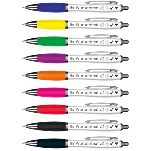 Kugelschreiber mit Wunschgravur | Farbmix | Weißer Schaft & Metallclip | Blaue Großraummine | Farbige Gummimanschette | 2 Zeilen Gravur möglich | Werbegeschenk | 9 Farben (Mix, 5) von Juwelier Schönschmied