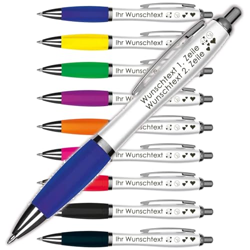 Kugelschreiber mit Wunschgravur | Weißer Schaft & Metallclip | Blaue Großraummine | Farbige Gummimanschette | 2 Zeilen Gravur möglich | Werbegeschenk | 9 Farben (Blau, 1) von Juwelier Schönschmied