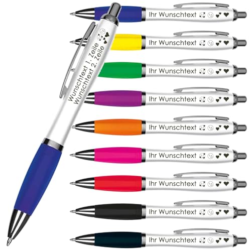 Kugelschreiber mit Wunschgravur | Weißer Schaft & Metallclip | Blaue Großraummine | Farbige Gummimanschette | 2 Zeilen Gravur möglich | Werbegeschenk | 9 Farben (Blau, 25) von Juwelier Schönschmied
