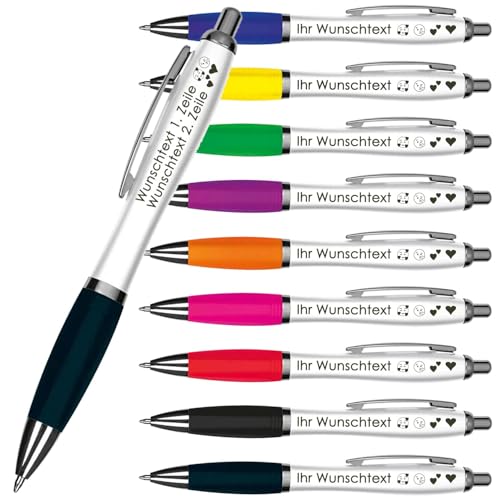 Kugelschreiber mit Wunschgravur | Weißer Schaft & Metallclip | Blaue Großraummine | Farbige Gummimanschette | 2 Zeilen Gravur möglich | Werbegeschenk | 9 Farben (Dunkelblau, 250) von Juwelier Schönschmied