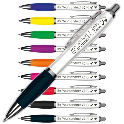 Kugelschreiber mit Wunschgravur | Weißer Schaft & Metallclip | Blaue Großraummine | Farbige Gummimanschette | 2 Zeilen Gravur möglich | Werbegeschenk | 9 Farben (Dunkelblau, 50) von Juwelier Schönschmied