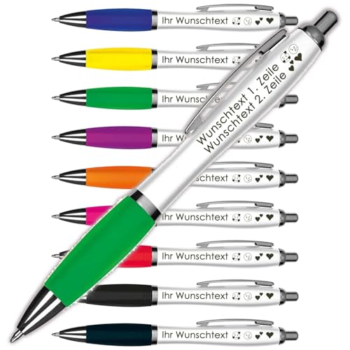 Kugelschreiber mit Wunschgravur | Weißer Schaft & Metallclip | Blaue Großraummine | Farbige Gummimanschette | 2 Zeilen Gravur möglich | Werbegeschenk | 9 Farben (Grün, 250) von Juwelier Schönschmied