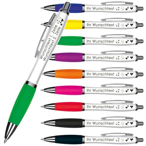 Kugelschreiber mit Wunschgravur | Weißer Schaft & Metallclip | Blaue Großraummine | Farbige Gummimanschette | 2 Zeilen Gravur möglich | Werbegeschenk | 9 Farben (Grün, 50) von Juwelier Schönschmied