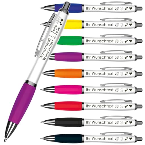 Kugelschreiber mit Wunschgravur | Weißer Schaft & Metallclip | Blaue Großraummine | Farbige Gummimanschette | 2 Zeilen Gravur möglich | Werbegeschenk | 9 Farben (Lila, 50) von Juwelier Schönschmied