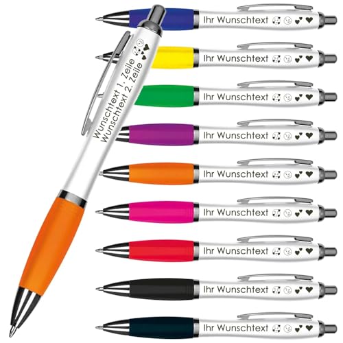 Kugelschreiber mit Wunschgravur | Weißer Schaft & Metallclip | Blaue Großraummine | Farbige Gummimanschette | 2 Zeilen Gravur möglich | Werbegeschenk | 9 Farben (Orange, 250) von Juwelier Schönschmied