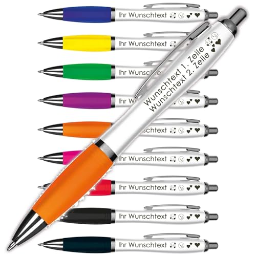 Kugelschreiber mit Wunschgravur | Weißer Schaft & Metallclip | Blaue Großraummine | Farbige Gummimanschette | 2 Zeilen Gravur möglich | Werbegeschenk | 9 Farben (Orange, 5) von Juwelier Schönschmied