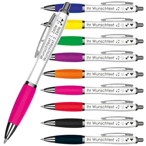 Kugelschreiber mit Wunschgravur | Weißer Schaft & Metallclip | Blaue Großraummine | Farbige Gummimanschette | 2 Zeilen Gravur möglich | Werbegeschenk | 9 Farben (Pink, 100) von Juwelier Schönschmied